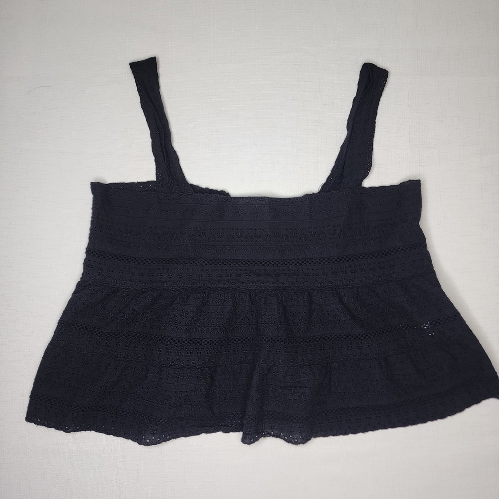 GB Black Eyelet Cotton Crop Top XL Tiered Boho Sleeveless Square Flowy Feminine
